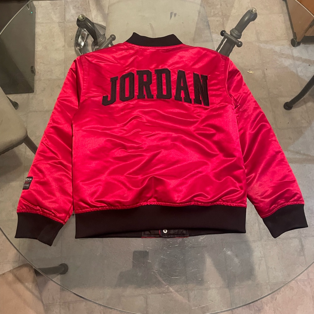 Jordan Red Satin Varsity Jacket with Black Lettering